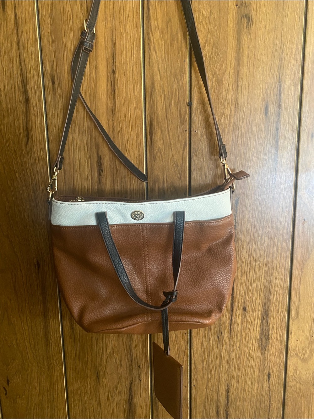 Anne Klein Brown and White Two-Tone Leather Shoulder Bag